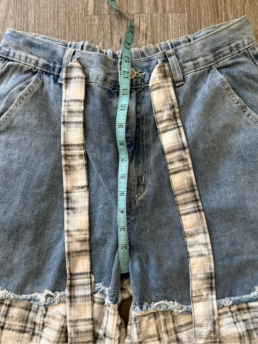 POL Light Blue Denim & Plaid Patchwork Pants NWOT - Picture 5 of 9
